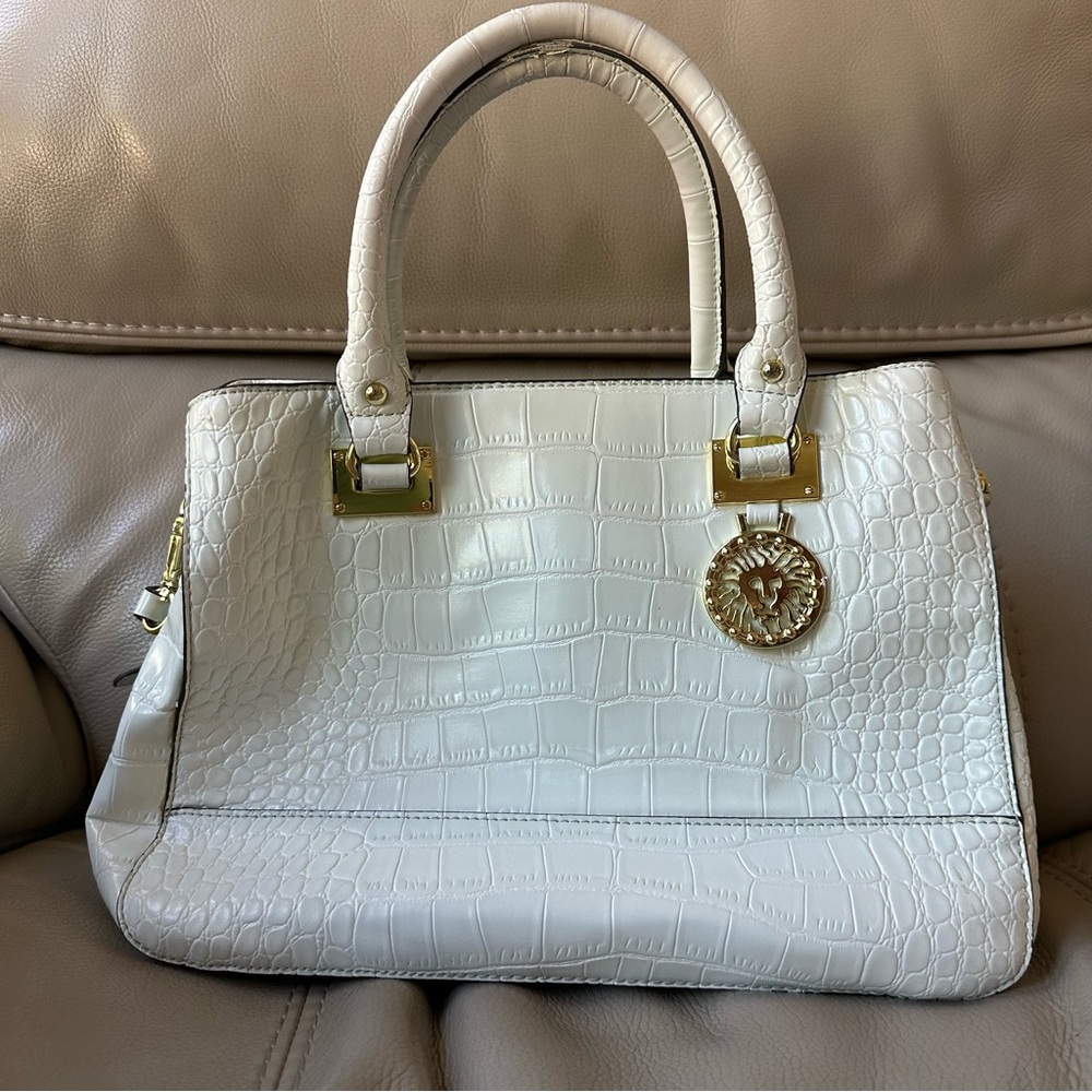 Anne Klein White Crossbody Faux Leather Crocodile Pattern Elegant Purse Vintage